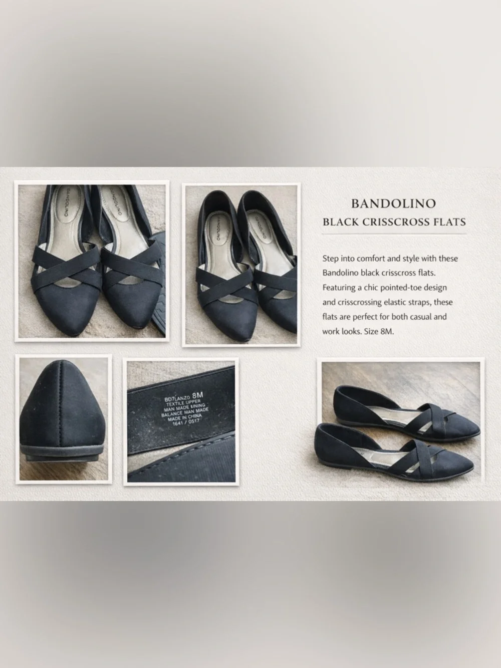 Bandolino Black Pointed Toe Crisscross Flats